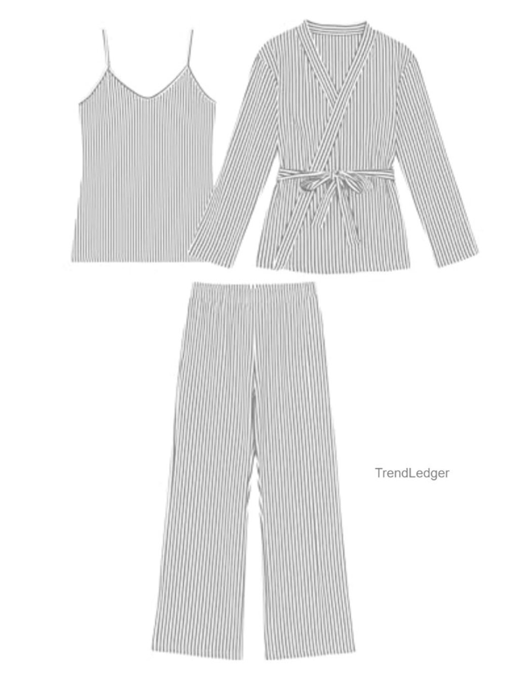 Womens 3 Piece Pajama Set Cotton Striped Robe Camisole Wide Leg Lounge